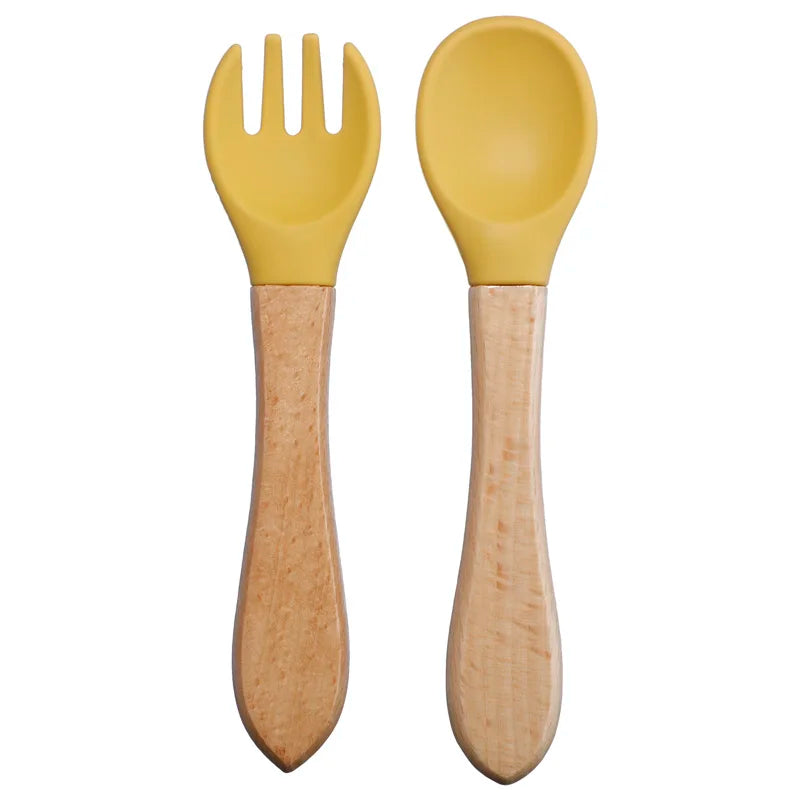 Baby Silikon Löffel & Gabel Set mit Holzgriff – BPA-frei & sicher fürs Essen