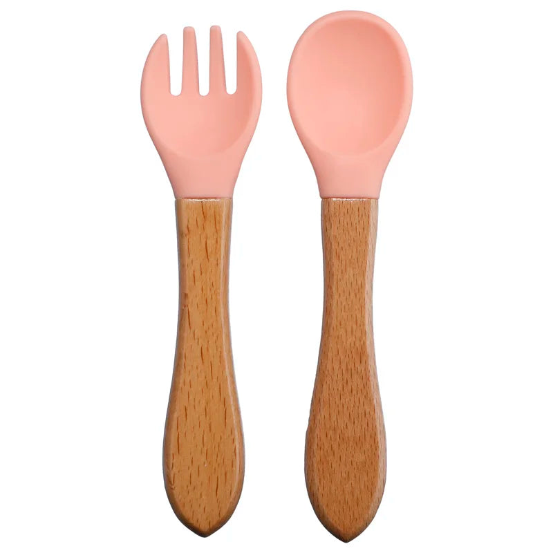 Baby Silikon Löffel & Gabel Set mit Holzgriff – BPA-frei & sicher fürs Essen