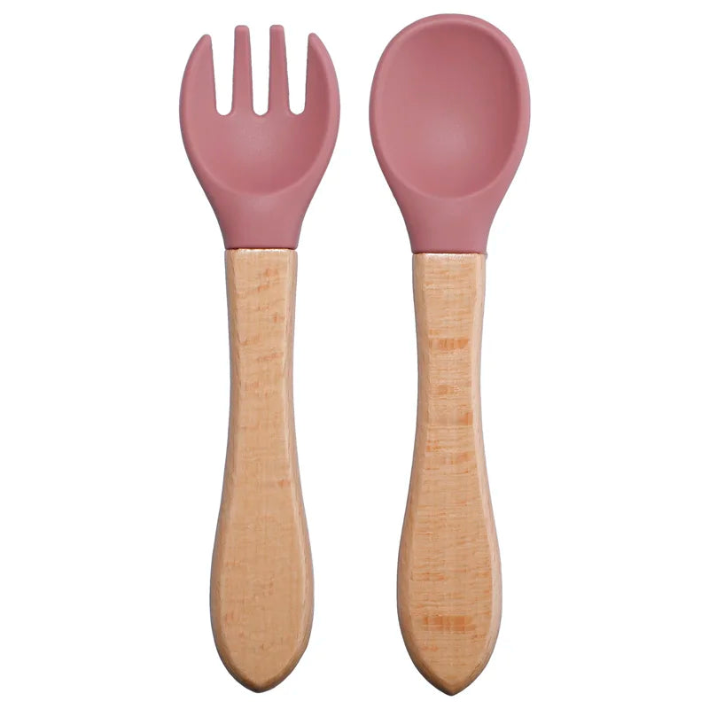 Baby Silikon Löffel & Gabel Set mit Holzgriff – BPA-frei & sicher fürs Essen