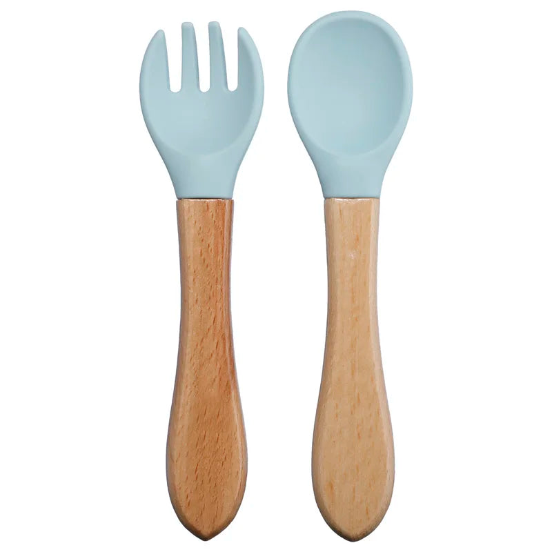 Baby Silikon Löffel & Gabel Set mit Holzgriff – BPA-frei & sicher fürs Essen