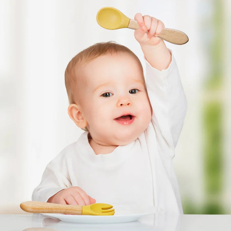 Baby Silikon Löffel & Gabel Set mit Holzgriff – BPA-frei & sicher fürs Essen