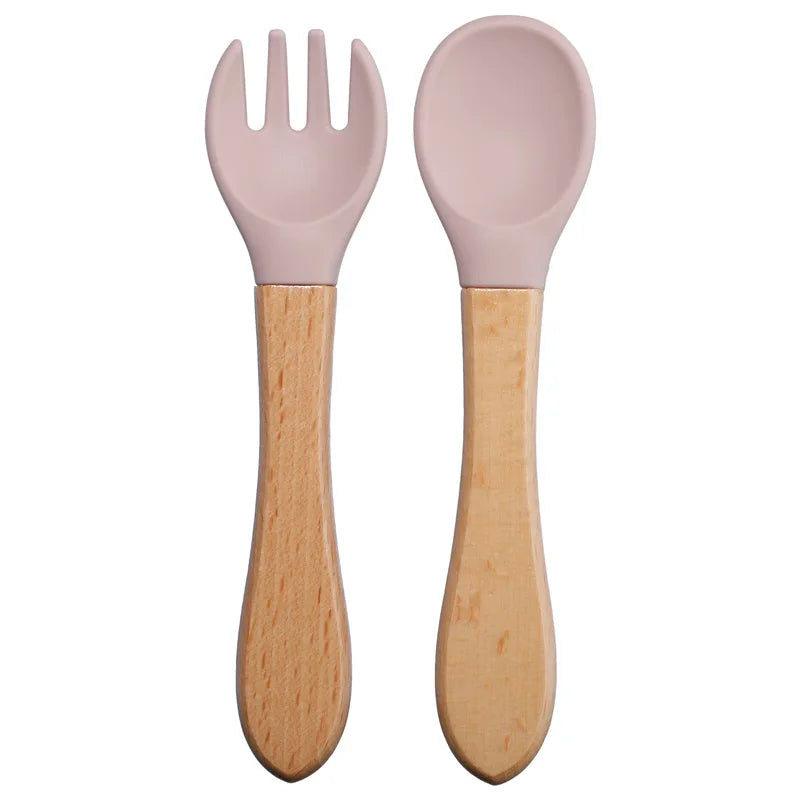 Baby Silikon Löffel & Gabel Set mit Holzgriff – BPA-frei & sicher fürs Essen