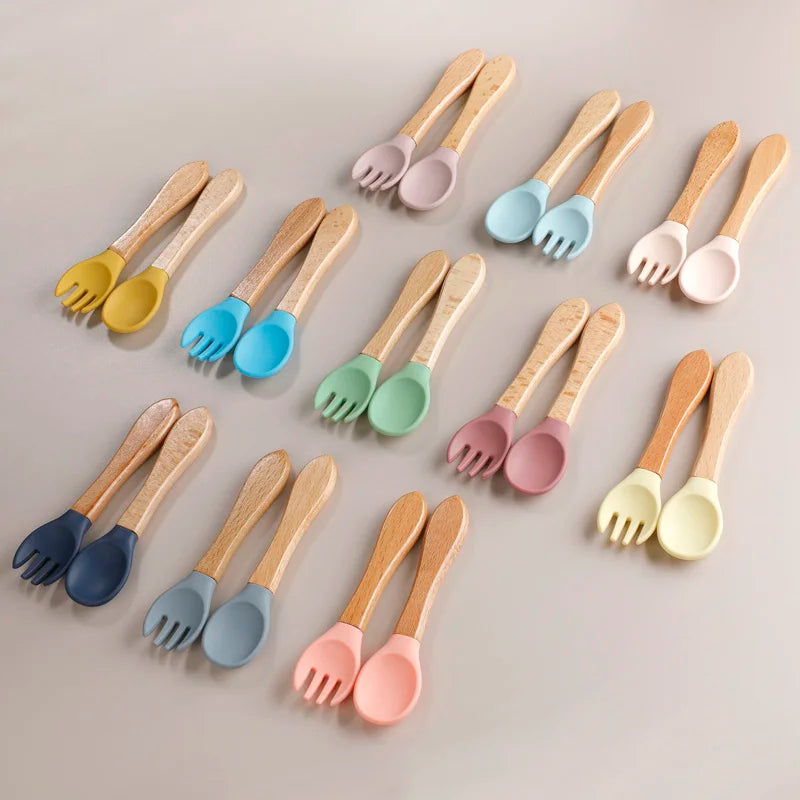 Baby Silikon Löffel & Gabel Set mit Holzgriff – BPA-frei & sicher fürs Essen