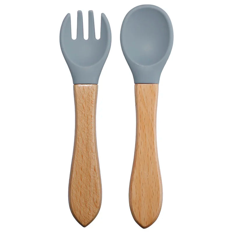 Baby Silikon Löffel & Gabel Set mit Holzgriff – BPA-frei & sicher fürs Essen