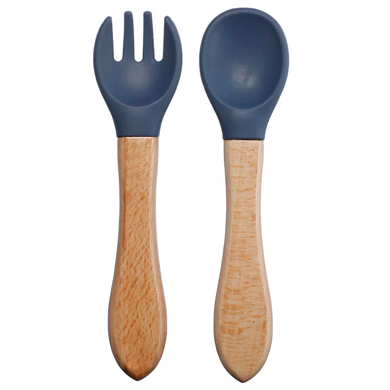 Baby Silikon Löffel & Gabel Set mit Holzgriff – BPA-frei & sicher fürs Essen