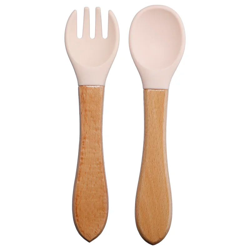 Baby Silikon Löffel & Gabel Set mit Holzgriff – BPA-frei & sicher fürs Essen