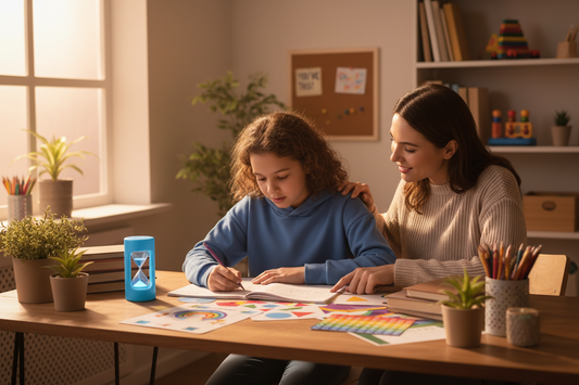 Mutter sitzt neben Kind am aufgeräumten Schreibtisch und unterstützt bei den Hausaufgaben mit visuellen Lernhilfen und Timer – strukturierte Lernumgebung für Kinder mit ADHS
