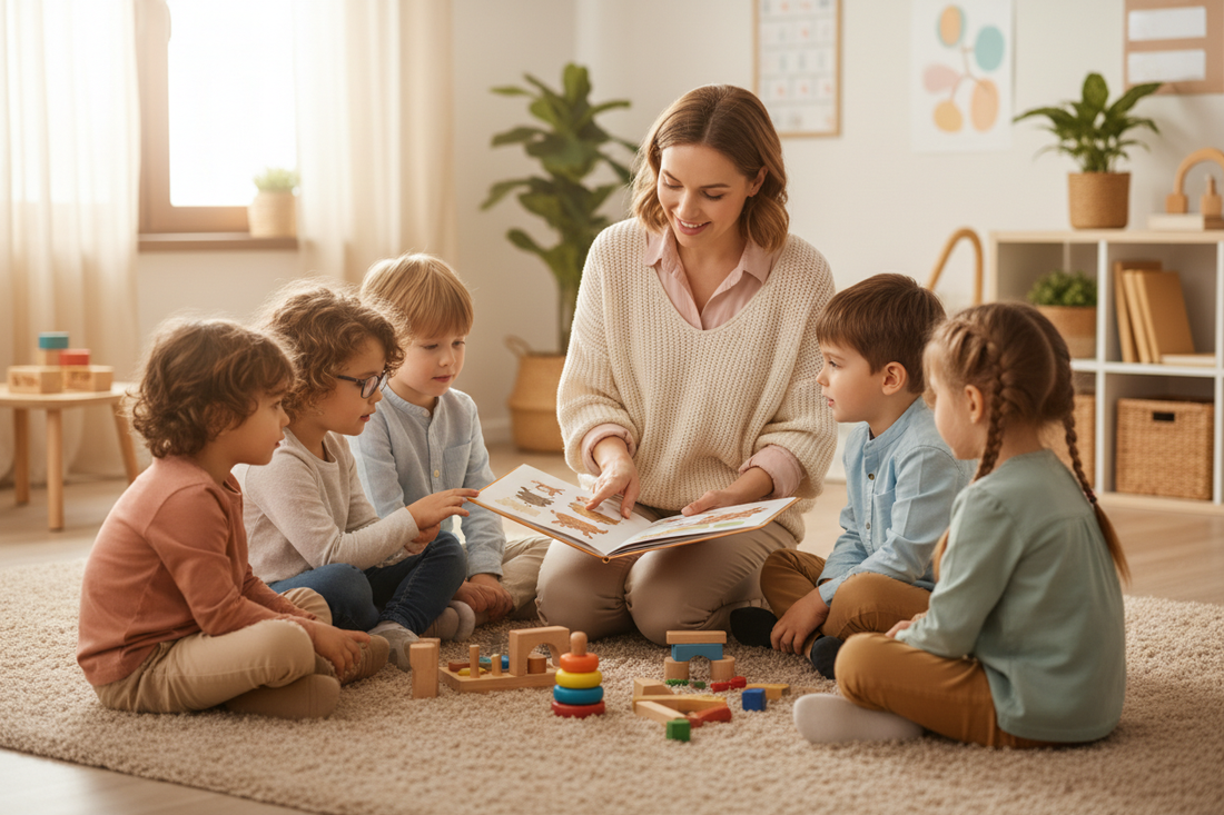 Kita-Fachkraft betreut Kindergruppe – Visualisierung des Betreuungsschlüssels und Qualitätsstandards in der Kindertagesstätte