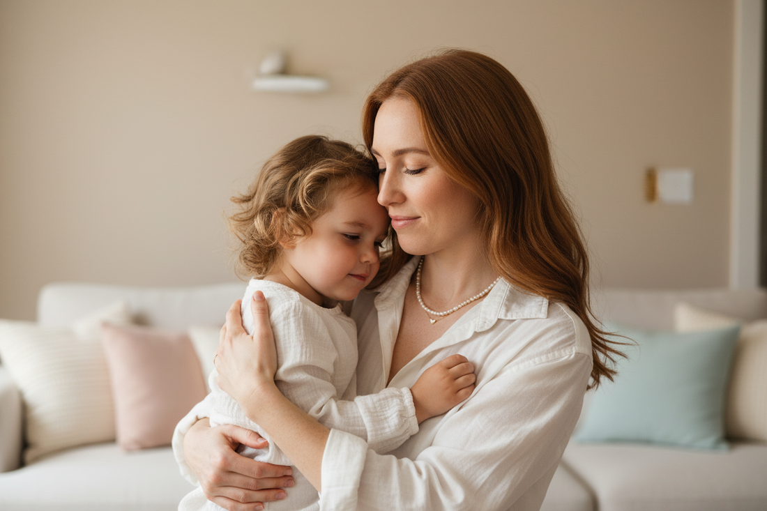 Pädagogische Fachkraft leistet einfühlsame Bindungsarbeit mit traumatisiertem Kind in sicherem, therapeutischem Umfeld