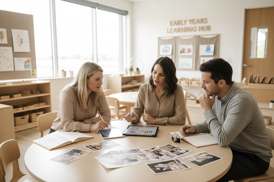 Pädagogische Fachkraft dokumentiert Kindesentwicklung in der Kita – professionelle Beobachtung und Bildungsdokumentation
