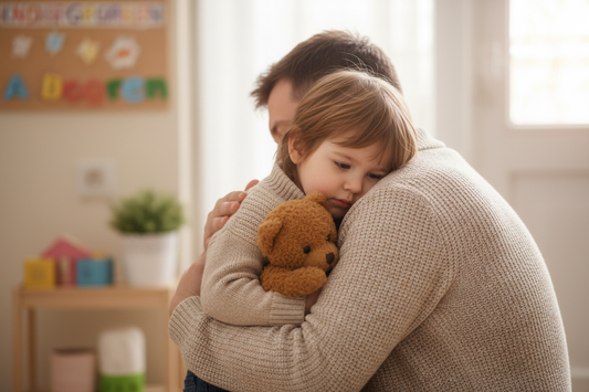 Sanfte Kita-Eingewöhnung: Elternteil begleitet Kind liebevoll beim ersten Tag in der Kindertagesstätte
