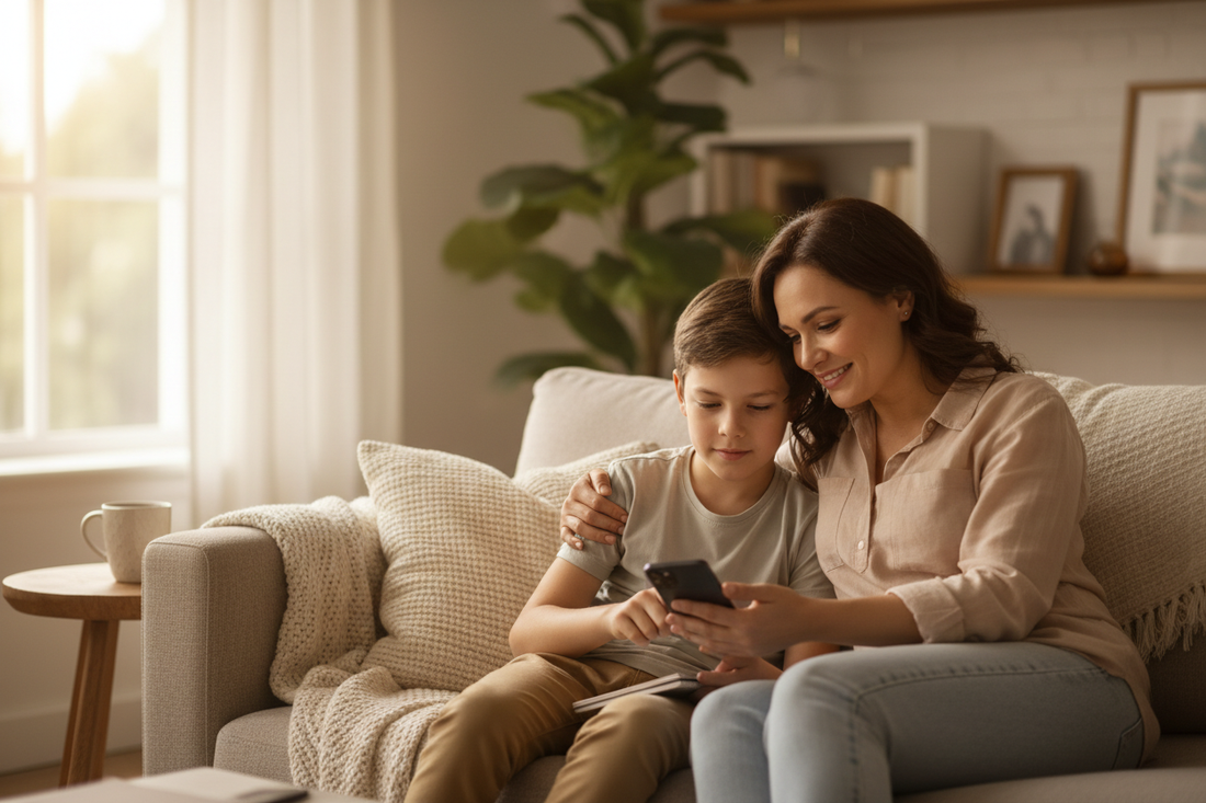 Mutter und Kind führen ein vertrauensvolles Gespräch über die Smartphone-Nutzung auf einem beigen Sofa