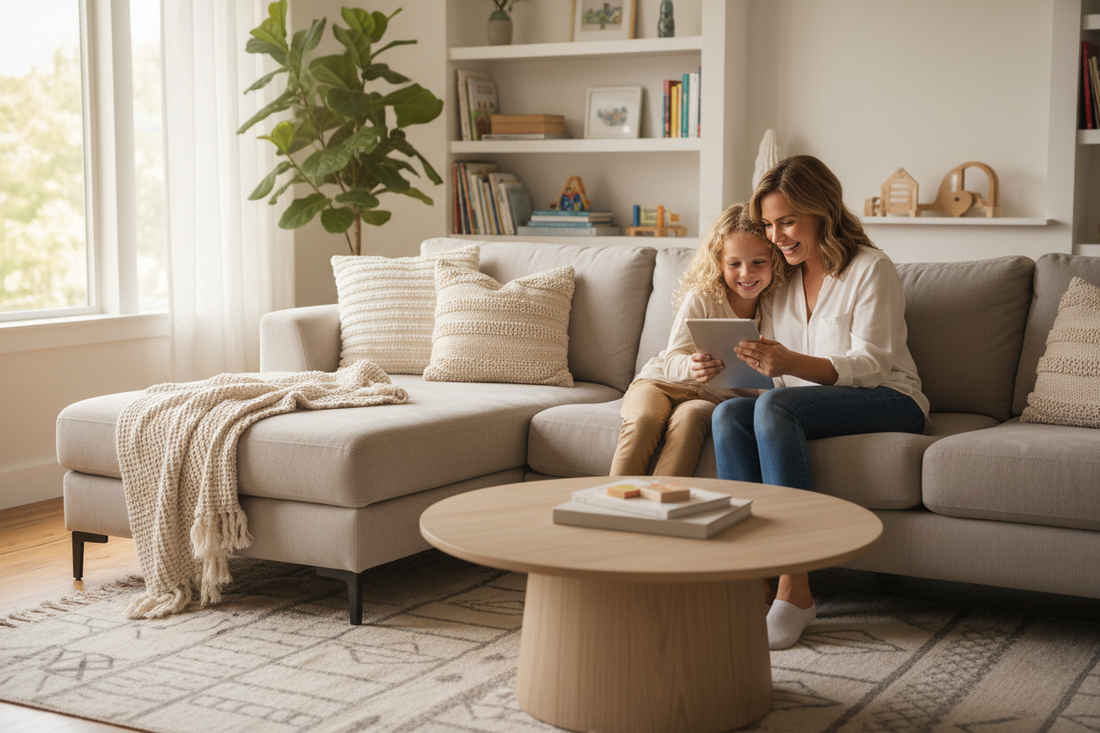 Eltern und Kind schauen gemeinsam auf Tablet – Jugendschutz und sichere TikTok-Nutzung im Familienkontext