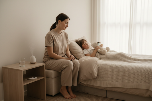 Elternteil kümmert sich um krankes Kind zu Hause – Kind ruht im Bett mit Decke, Wasser und Thermometer auf dem Nachttisch