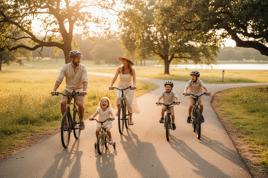 Familie genießt handyfreie Zeit beim gemeinsamen Radfahren in der Natur – digitaler Detox und Quality Time