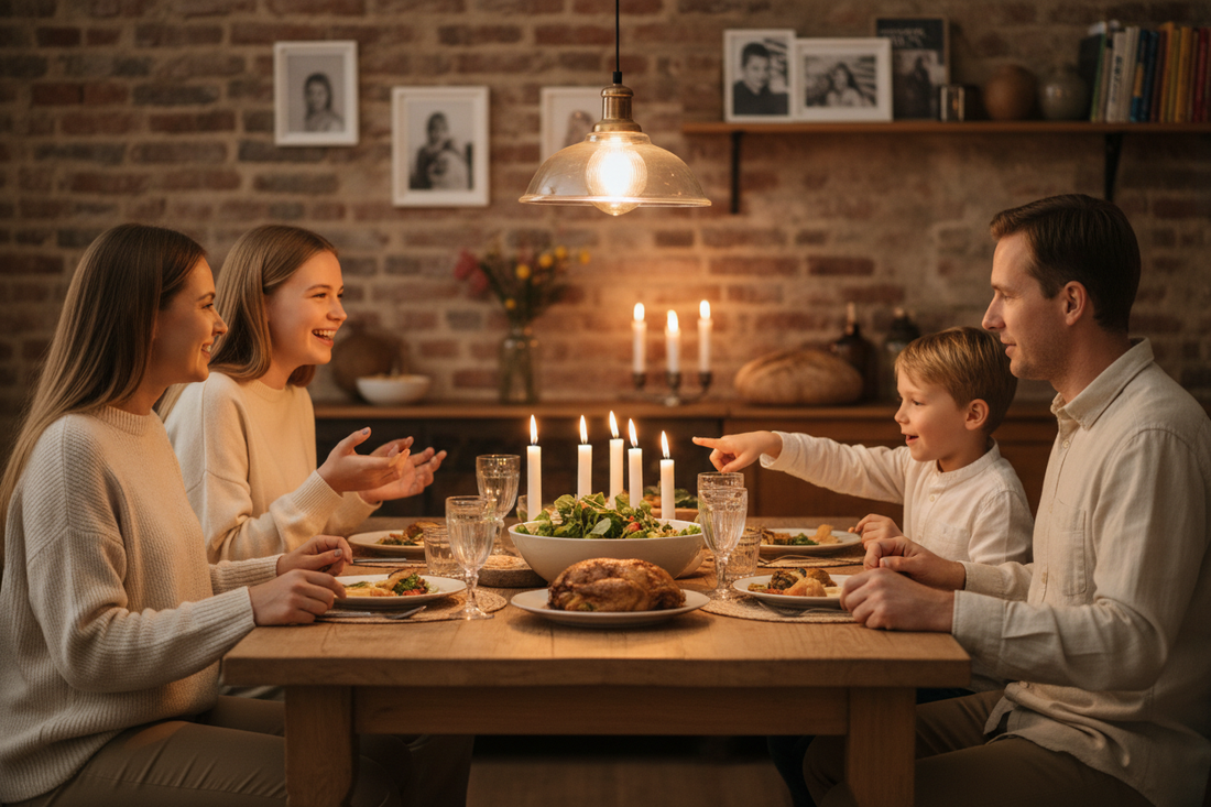 Familie sitzt gemeinsam am Esstisch beim Abendessen in warmem Licht und pflegt Familienrituale