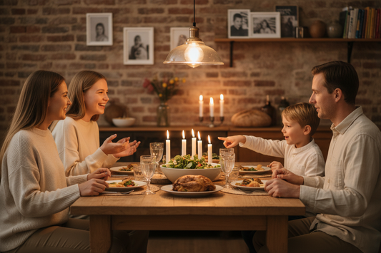 Familie sitzt gemeinsam am Esstisch beim Abendessen in warmem Licht und pflegt Familienrituale