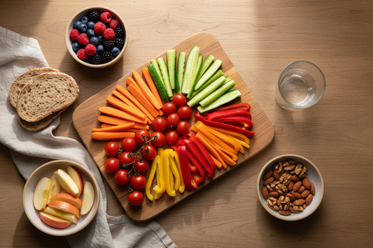 Gesunde Kinderernährung: Bunte Auswahl an frischem Obst, Gemüse, Vollkornbrot und Nüssen auf Holztisch arrangiert – ausgewogene Mahlzeiten für Kinder