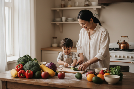 Mutter und Kind bereiten gemeinsam gesunde Mahlzeit mit frischem Gemüse und Obst in heller Familienküche zu