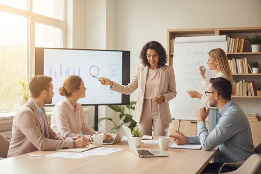 Kita-Leiterin führt ein partizipatives Teamgespräch mit pädagogischen Fachkräften nach dem TZI-Ansatz in warmem, professionellem Ambiente