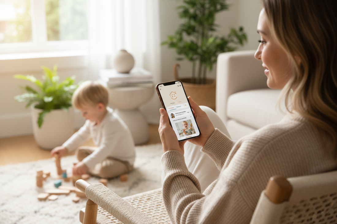 Elternteil nutzt Kita-App auf Smartphone zur digitalen Kommunikation mit der Kindertagesstätte