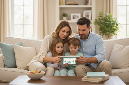 Eltern begleiten ihr Kind beim sicheren Umgang mit digitalen Medien und Tablet in vertrauensvoller Atmosphäre zu Hause