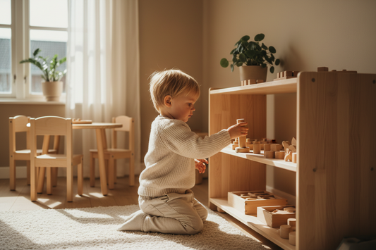 Kind arbeitet selbstständig an Montessori-Regal in vorbereiteter Umgebung mit natürlichem Licht und minimalistischer Einrichtung