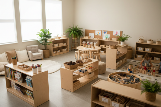 Pädagogisch gestalteter Kita-Raum mit Lese-Ecke, Kreativbereich und Bauecke in warmen Beigetönen, kindgerechte Möbel auf Augenhöhe