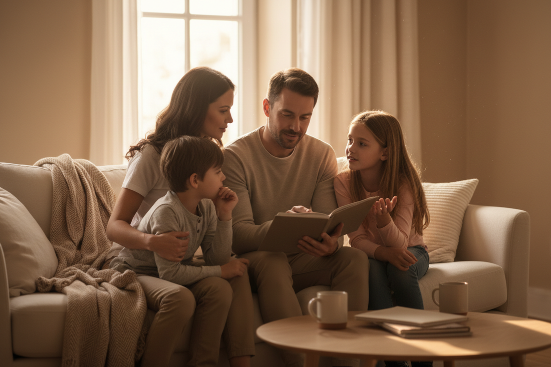 Eltern führen ein altersgerechtes Gespräch mit ihrem Kind über Politik und Religion in offener, vertrauensvoller Familienatmosphäre