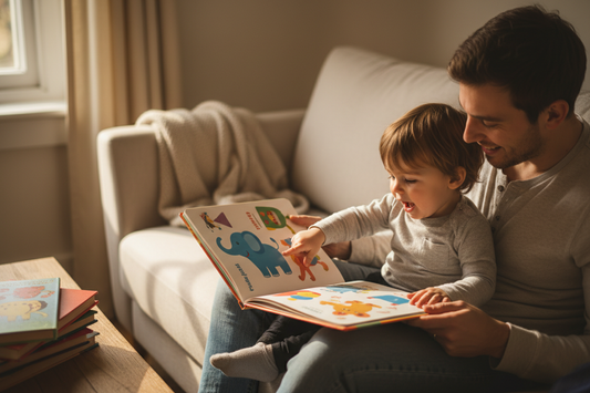 Elternteil liest Kleinkind aus buntem Bilderbuch vor auf gemütlichem Sofa zur Förderung der Sprachentwicklung