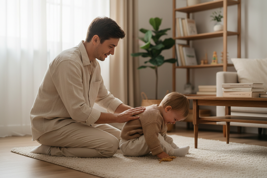 Elternteil begleitet Kind liebevoll durch Wutanfall in der Trotzphase mit Geduld und Verständnis