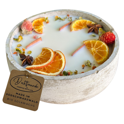 Große Outdoor Citronella-Betonkerze „Big Grey - Mugge Schreck“ – Mit drei Holdochten - Handgemachter Insektenschutz aus dem Südschwarzwald mit Blütenverzierung