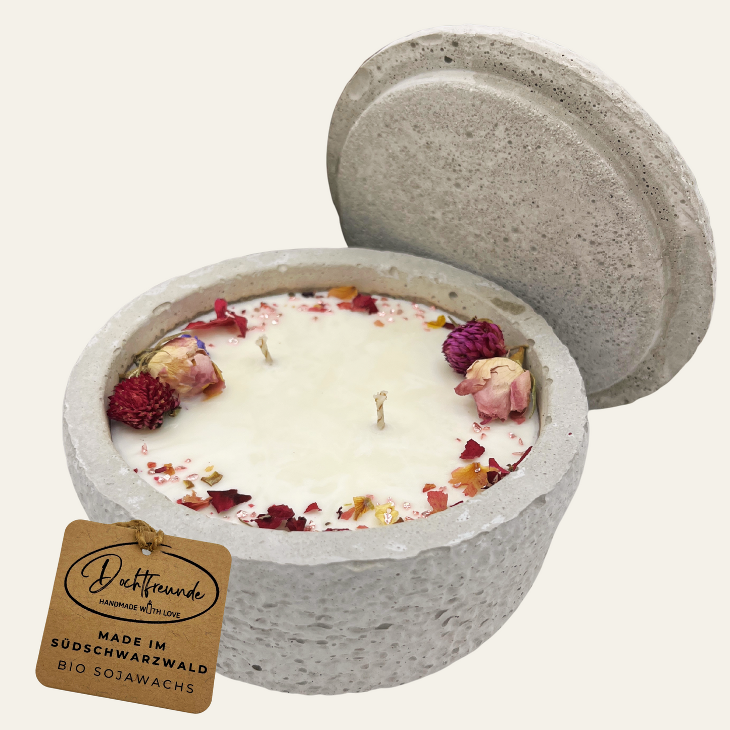 Handgefertigte Betonkerze Betongrau „Herbstglühen“ für Herbst und Winter - Stilvolle Sojawachskerze für Ihr Zuhause. Mit Blütenverzierung und HOCHWERTIGEM Baumwolldocht aus dem Südschwarzwald