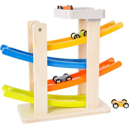 Rennbahn mit Parkdeck aus Holz – personalisierbar, inkl. 4 Autos | small foot 10602