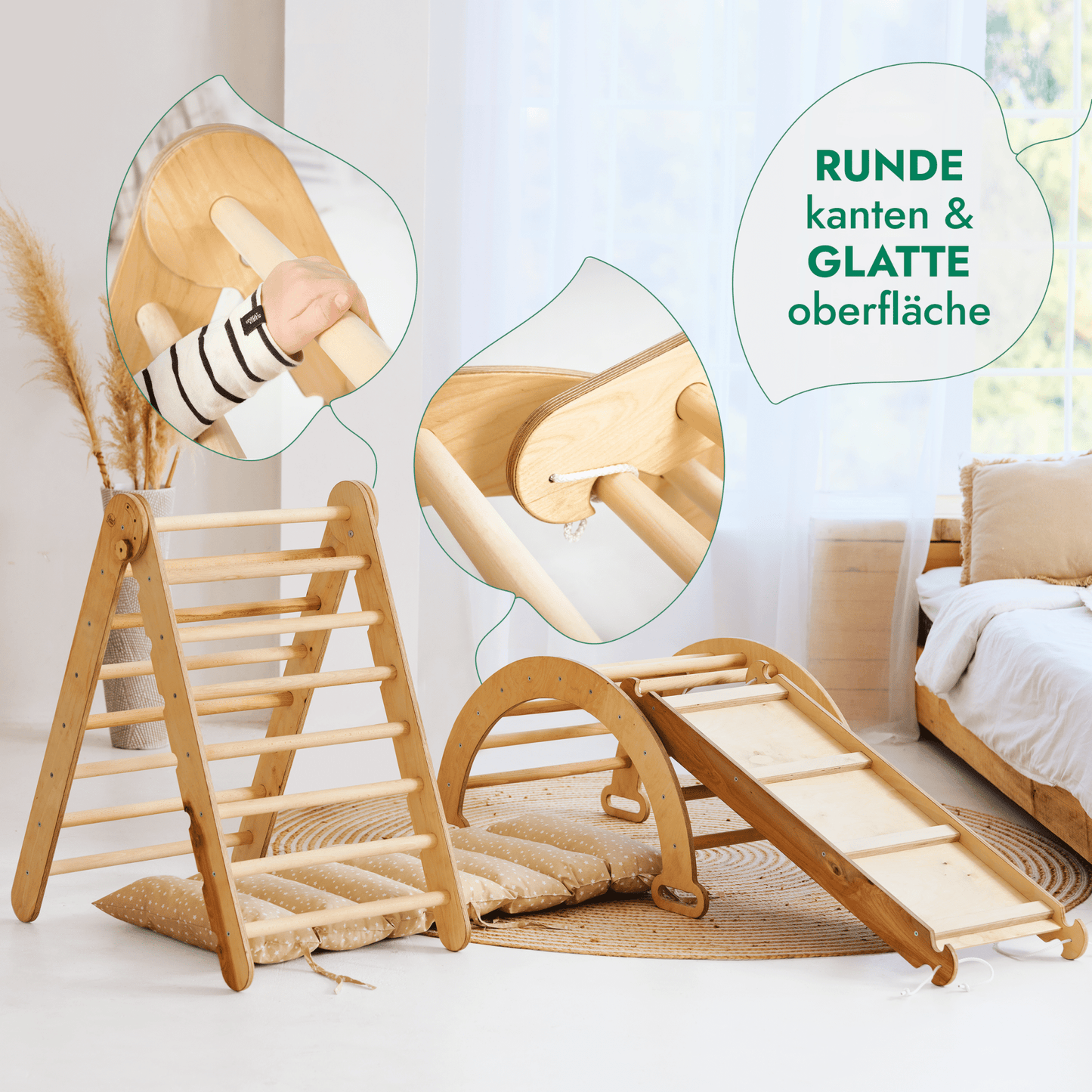 4in1 Montessori Klettergerüst Set: Kletterdreieck mit Rutsche, Kletterbogen mit Kissen, für Kinder 1-7 Jahre – Beige