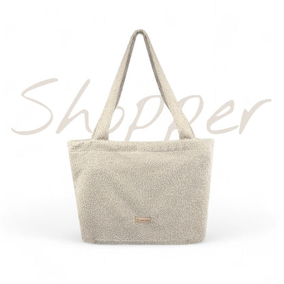Shopper Mom Bag Bouclé Teddystoff- Ideal für den Alltag, Kinderwagen, Cross Shoulder