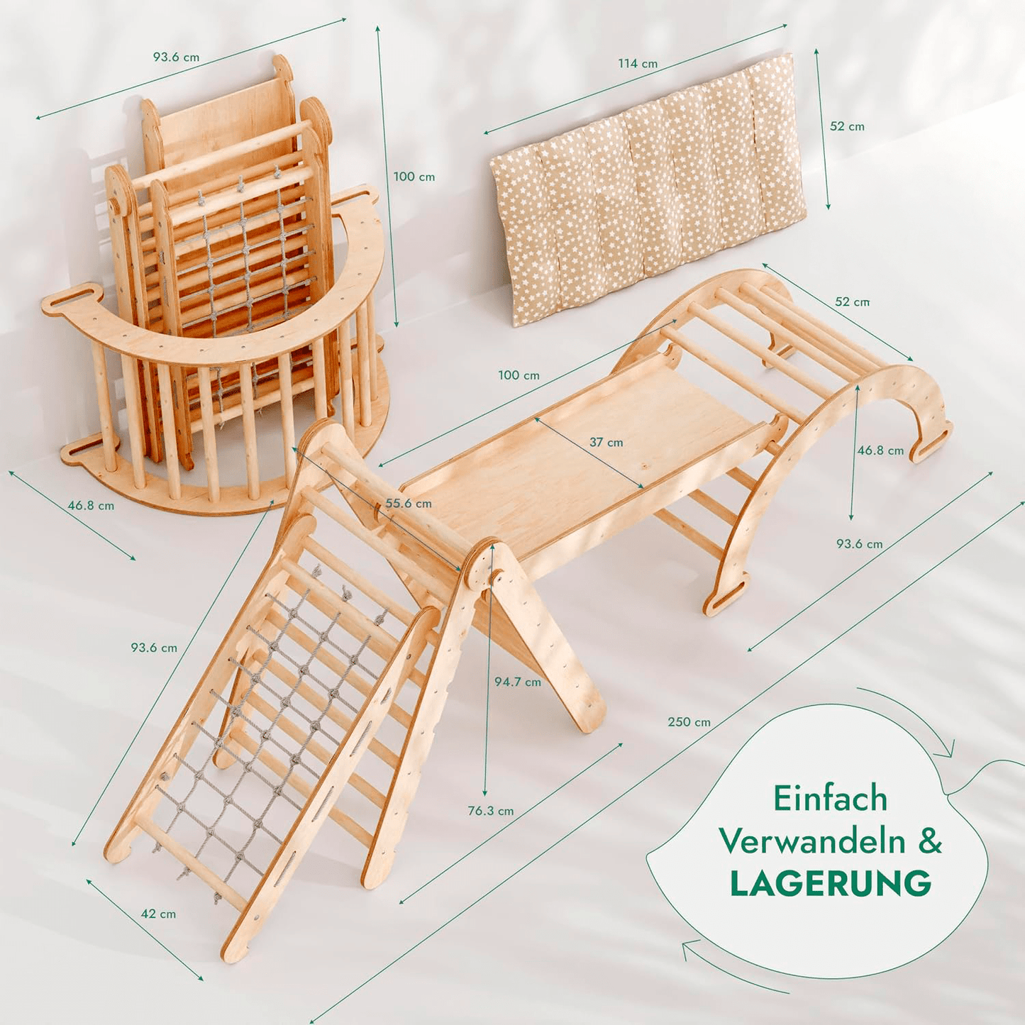 5in1 Montessori Klettergerüst Set: Kletterdreieck mit Rutsche, Kletterbogen, Kletternetz und Kissen, für Kinder 1-7 Jahre – Beige