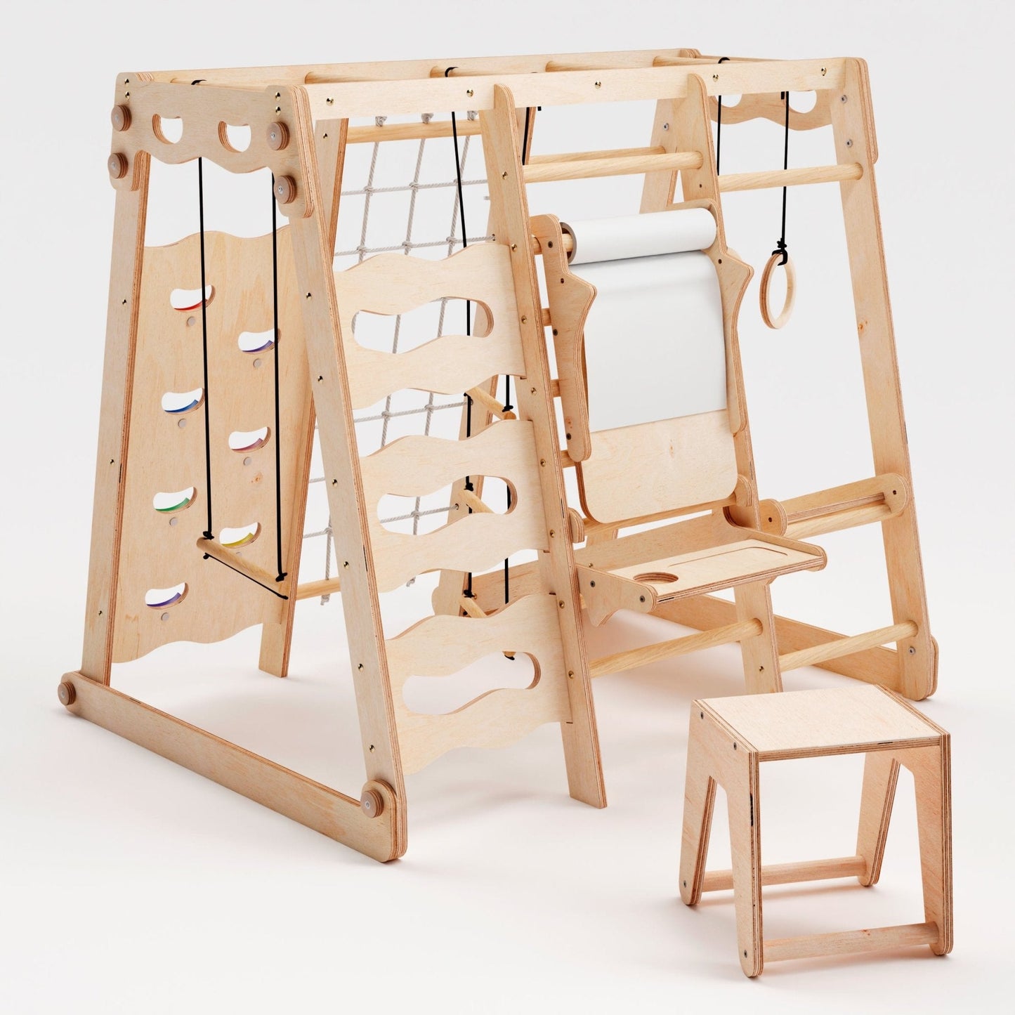 6in1 Indoor-Spielplatz aus Holz für Kinder –  Schaukel, Rutsche, Seil und Treppe
