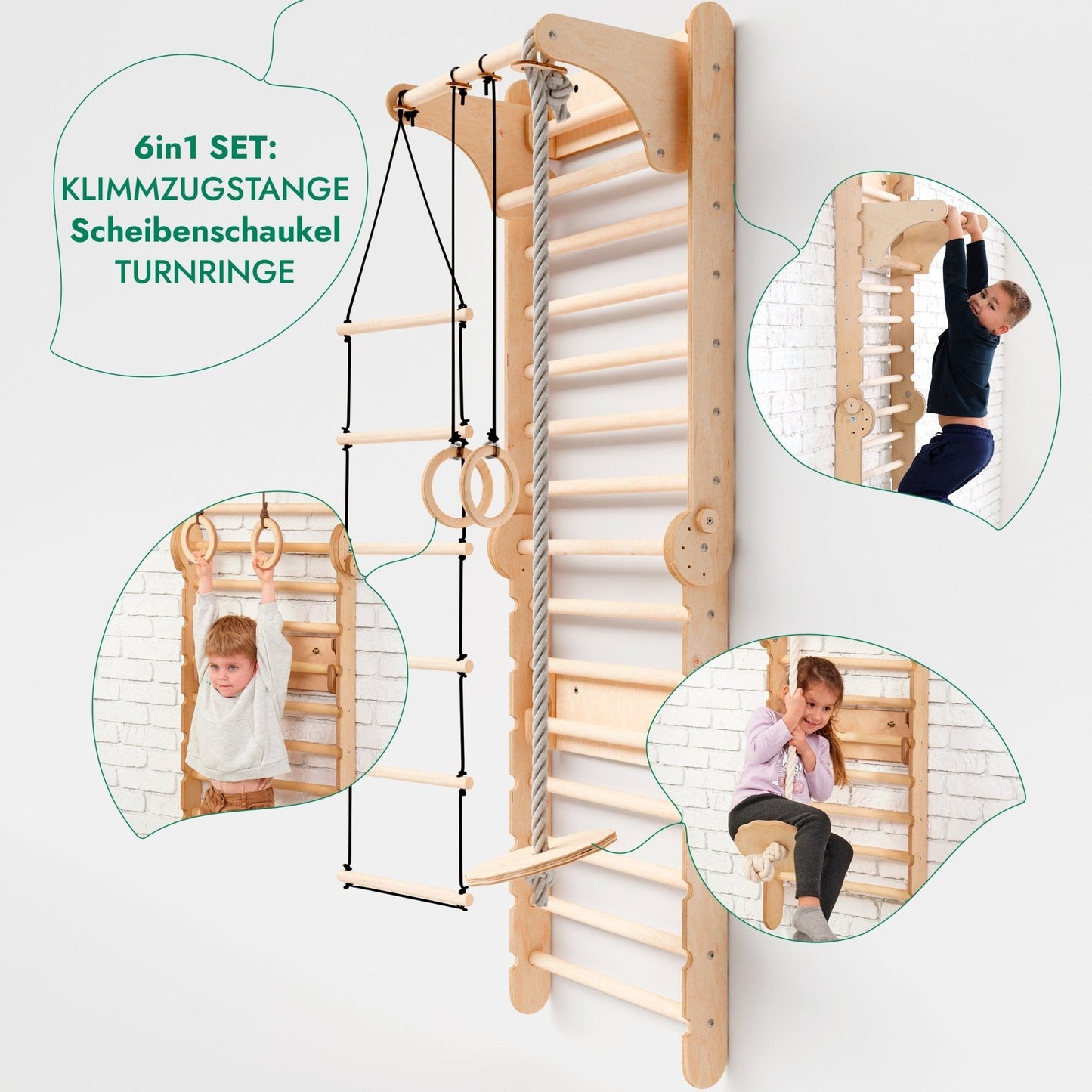 6in1 Kletterwand Indoor: Sprossenwand, Gymnastikringe, Hängende Leiter, Disc-Schaukel, Rutsche und Klimmzugstange für Kinder