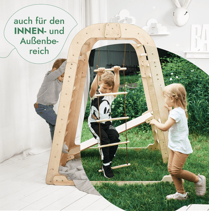 8in1 Indoor Spielplatz: Klettergerüst mit Kletternetz, Rutsche, Gymnastikringe, Hängende Leiter, Disc-Schaukel, Maltafel und Kinderstuhl – Beige