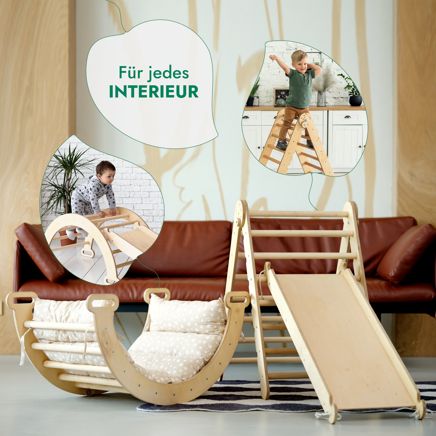 4in1 Montessori Klettergerüst Set: Kletterdreieck mit Rutsche, Kletterbogen mit Kissen, für Kinder 1-7 Jahre – Beige