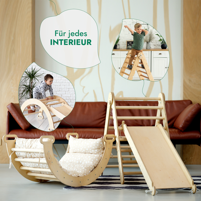4in1 Montessori Klettergerüst Set: Kletterdreieck mit Rutsche, Kletterbogen mit Kissen, für Kinder 1-7 Jahre – Beige