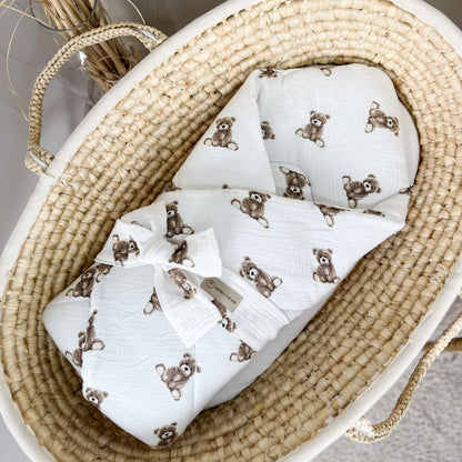 Babyhörnchen Musselin mit Schleife – Puckdecke & Einschlagdecke Muster Teddybär