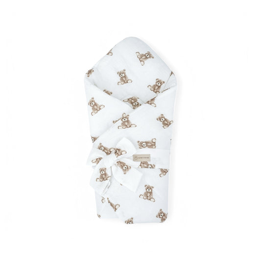 Babyhörnchen Musselin mit Schleife – Puckdecke & Einschlagdecke Muster Teddybär