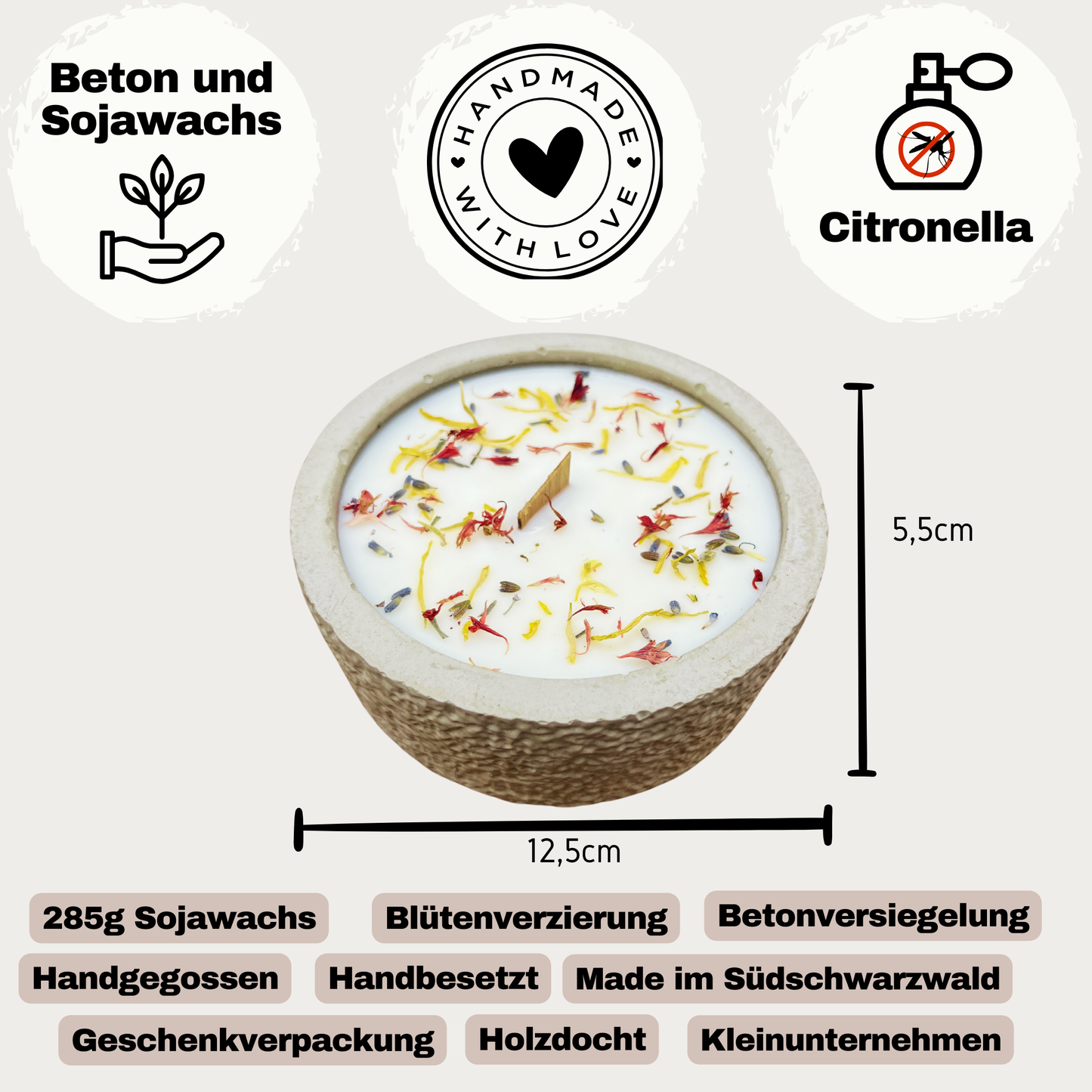 Outdoor Citronella-Betonkerzenset  „Grey - Mugge Schreck“ – Handgemachter Insektenschutz aus dem Südschwarzwald mit Blütenverzierung  3x Betonkerzen im Set