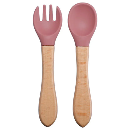 Baby Silikon Löffel & Gabel Set mit Holzgriff – BPA-frei & sicher fürs Essen