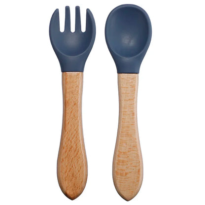 Baby Silikon Löffel & Gabel Set mit Holzgriff – BPA-frei & sicher fürs Essen