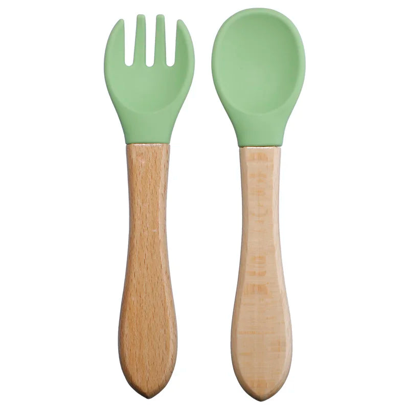 Baby Silikon Löffel & Gabel Set mit Holzgriff – BPA-frei & sicher fürs Essen