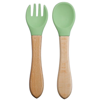 Baby Silikon Löffel & Gabel Set mit Holzgriff – BPA-frei & sicher fürs Essen
