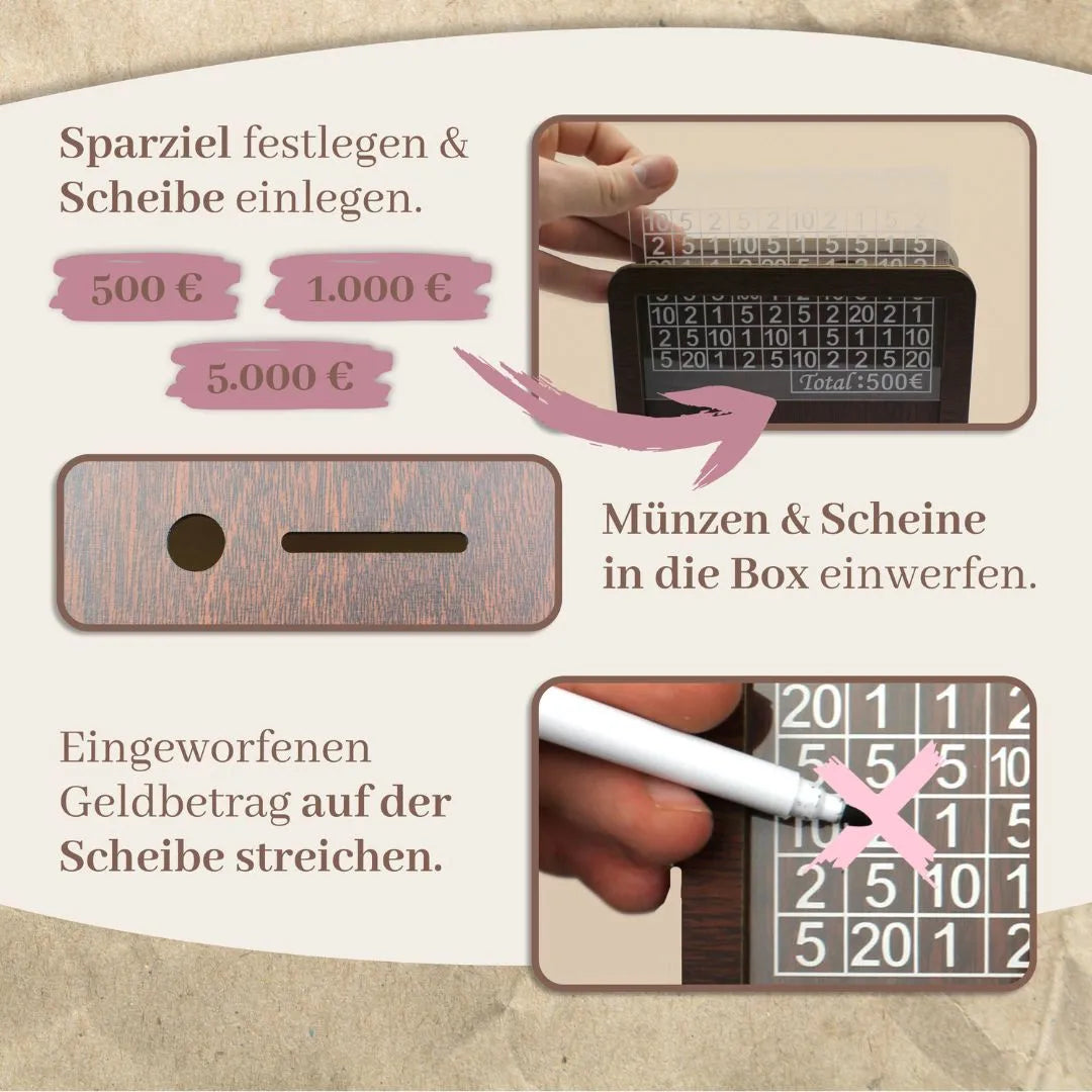 Sparbox aus Holz (3 Sparziele)